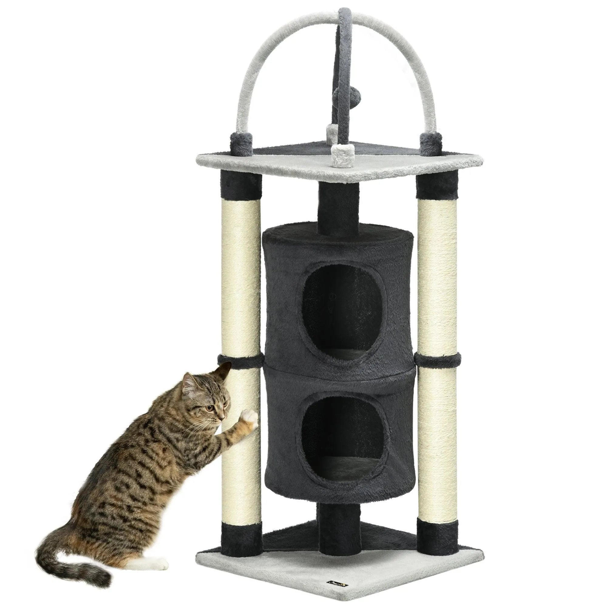 Cat Tree with Scratching Posts & Bed, 114cm - Dark Grey