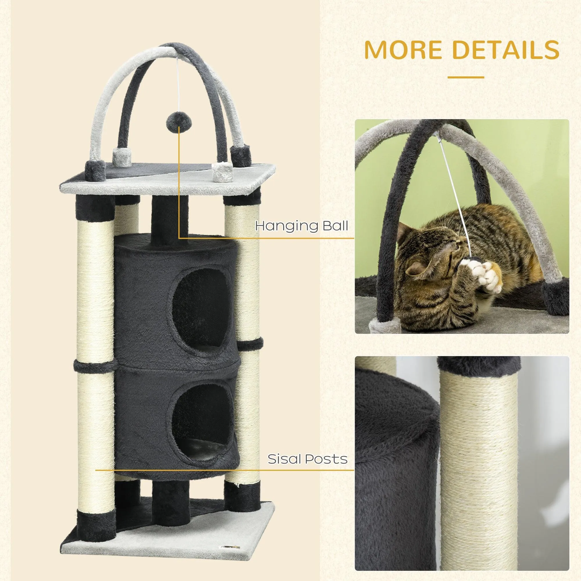 Cat Tree with Scratching Posts & Bed, 114cm - Dark Grey