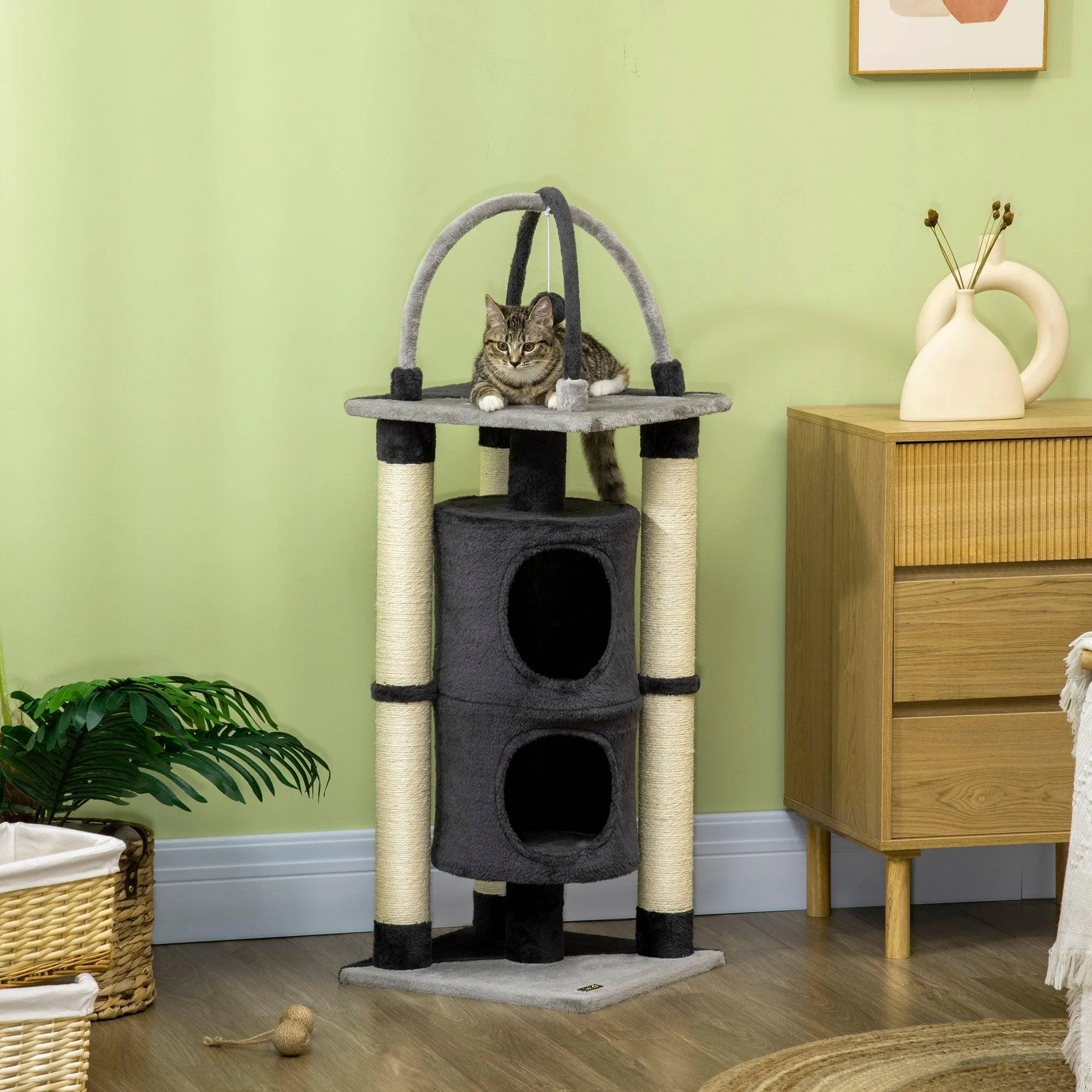 Cat Tree with Scratching Posts & Bed, 114cm - Dark Grey