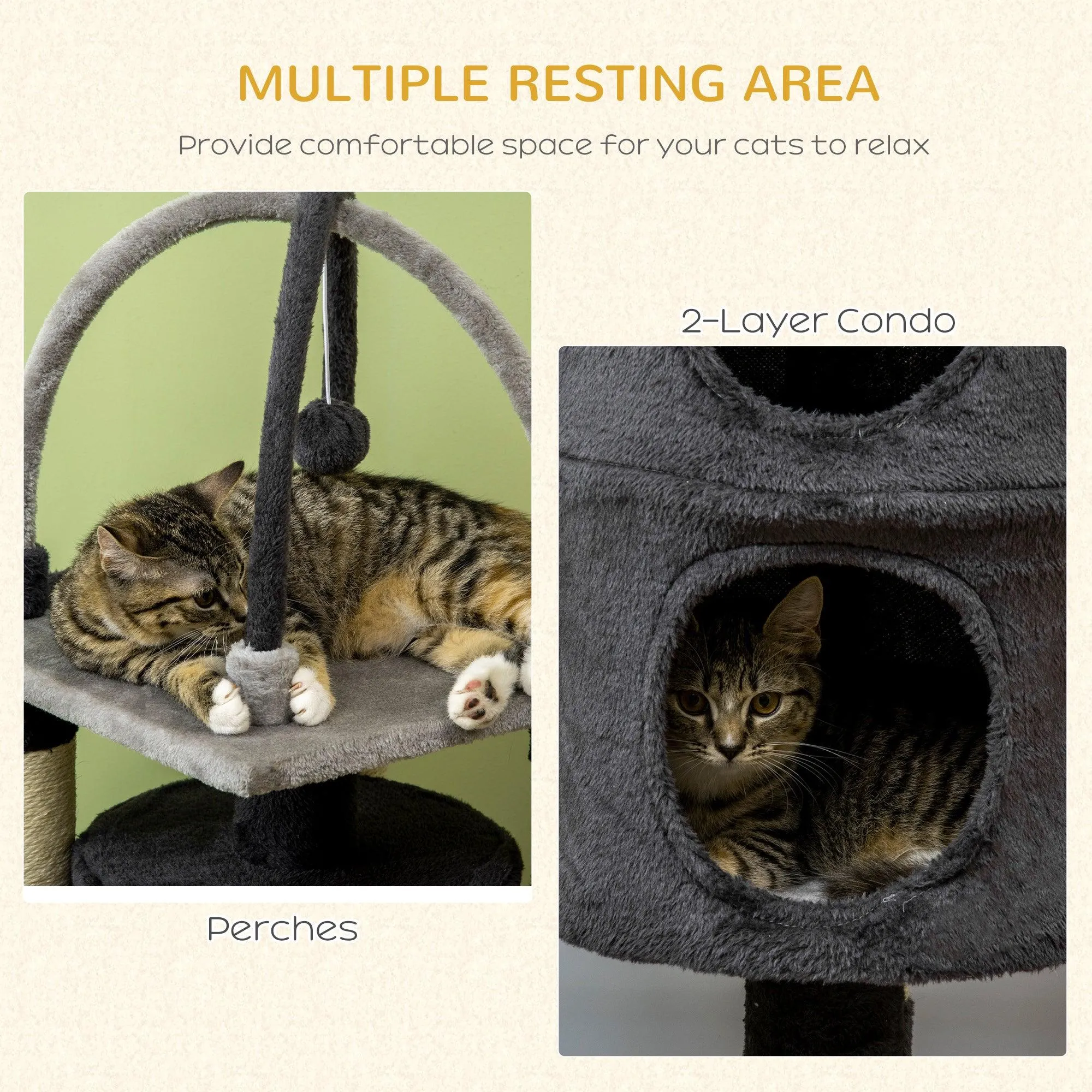 Cat Tree with Scratching Posts & Bed, 114cm - Dark Grey